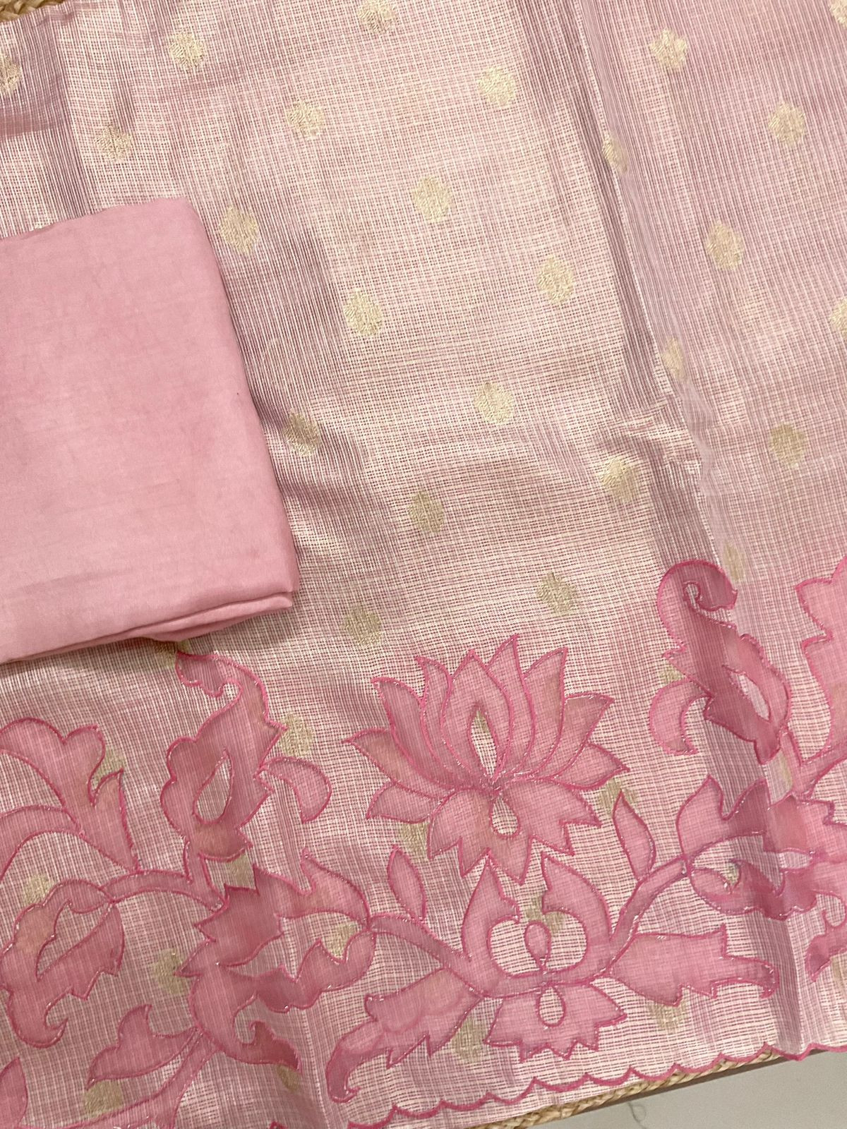 Soft Tissue Kota Silk Embroidered Suit - Pink