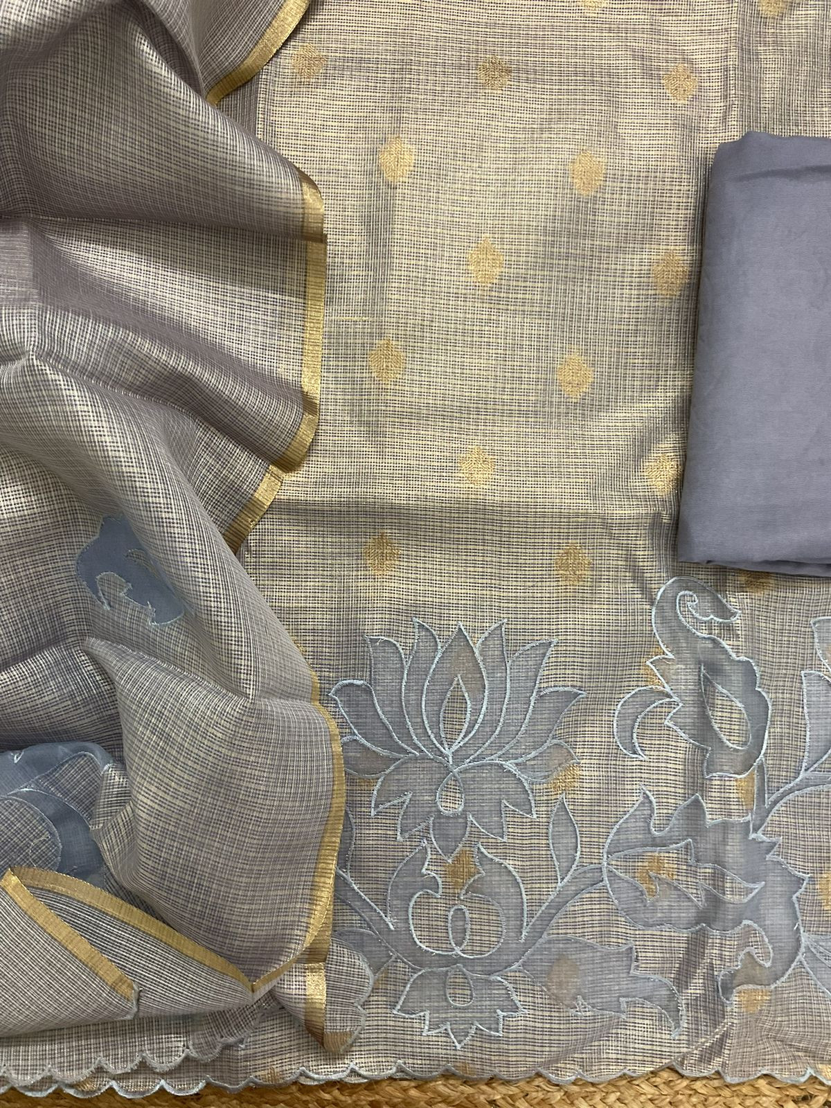Soft Tissue Kota Silk Embroidered Suit - Blue