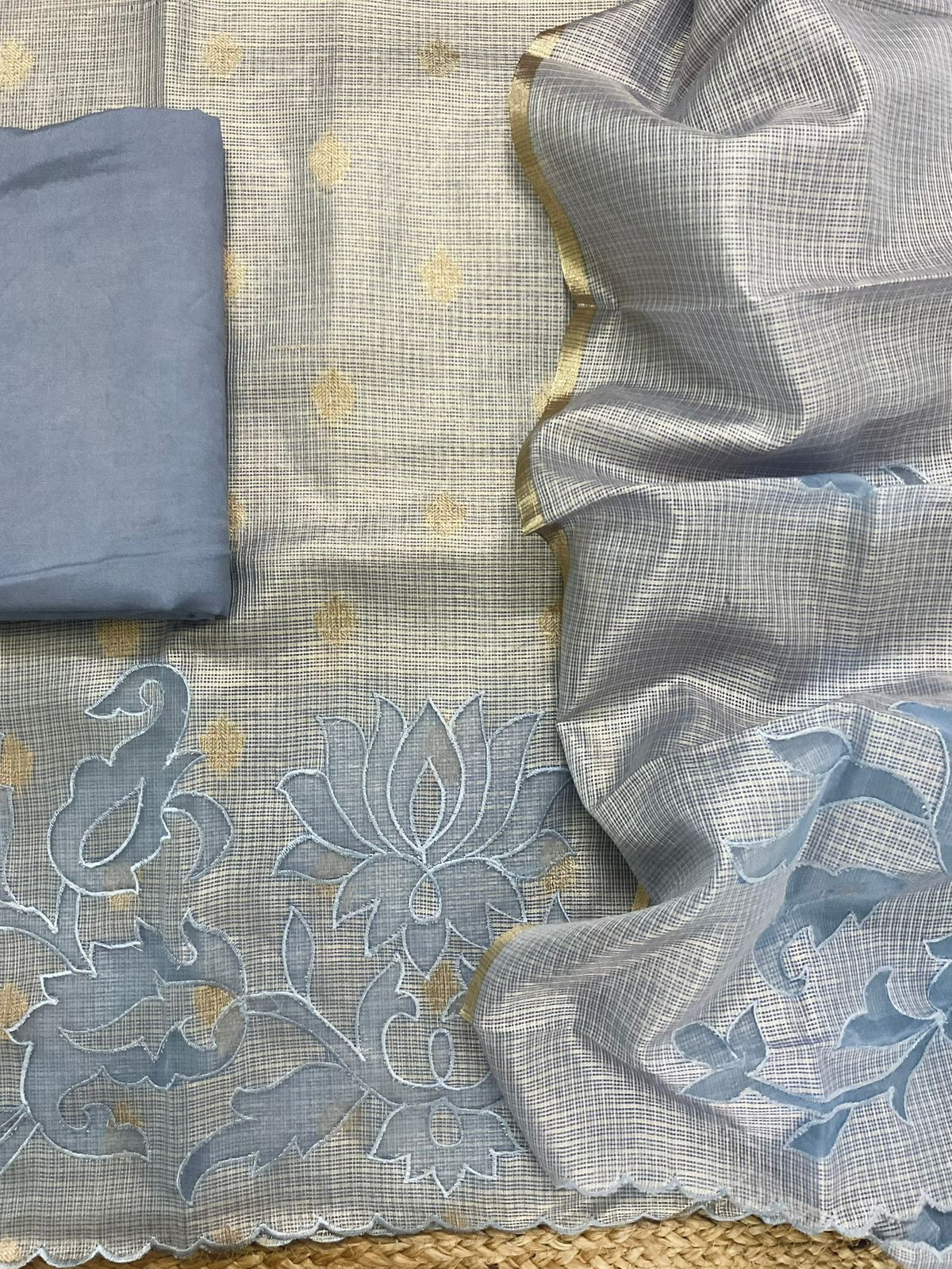 Soft Tissue Kota Silk Embroidered Suit - Blue