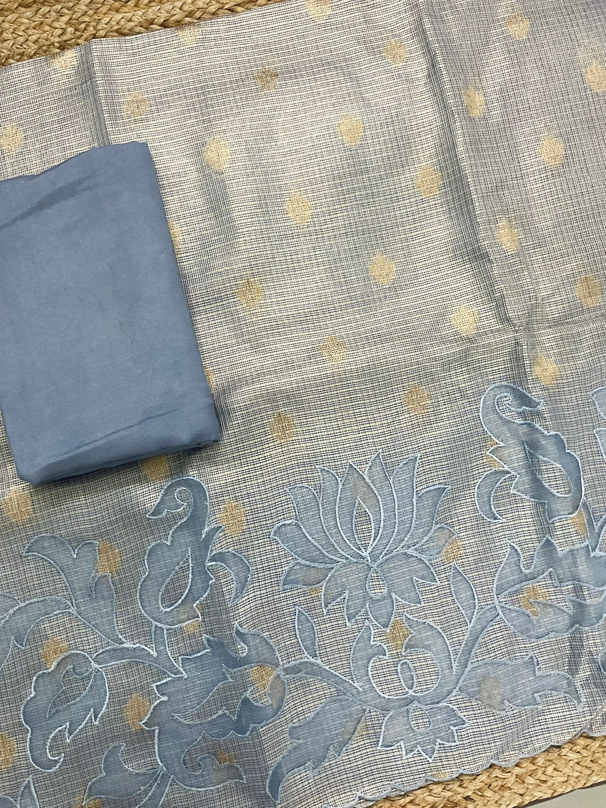 Soft Tissue Kota Silk Embroidered Suit - Blue