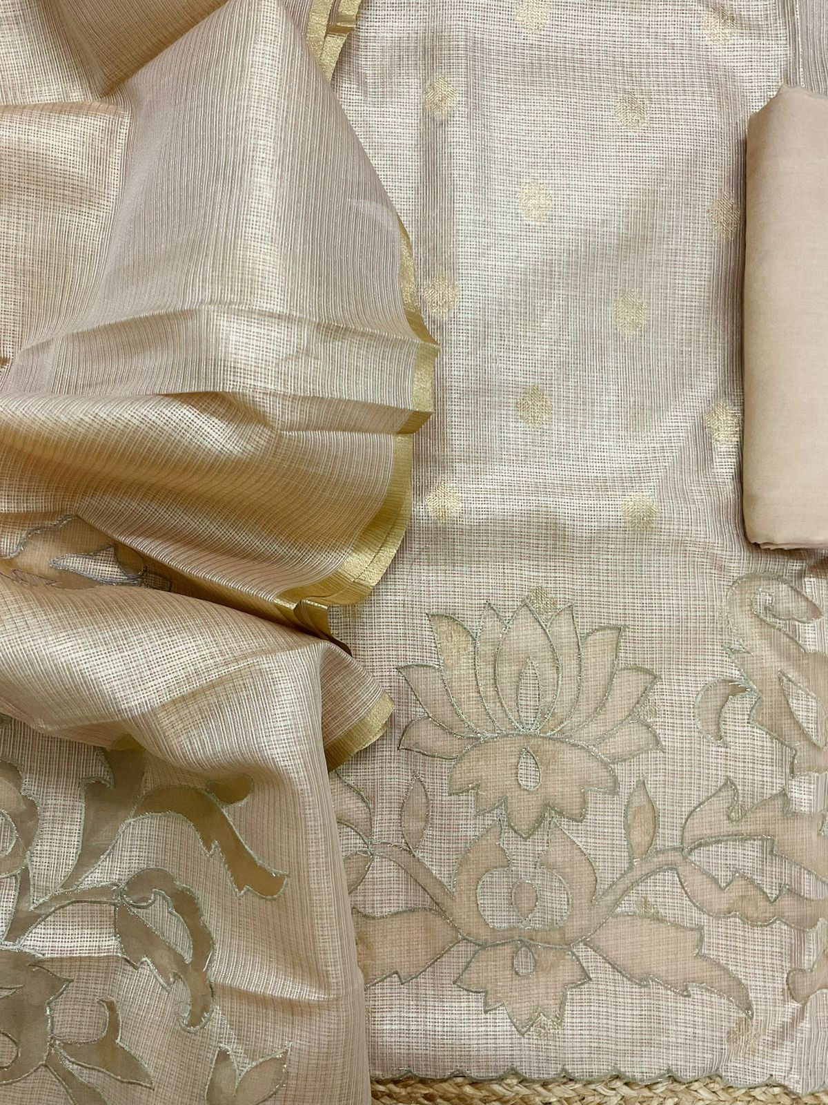 Soft Tissue Kota Silk Embroidered Suit - Beige