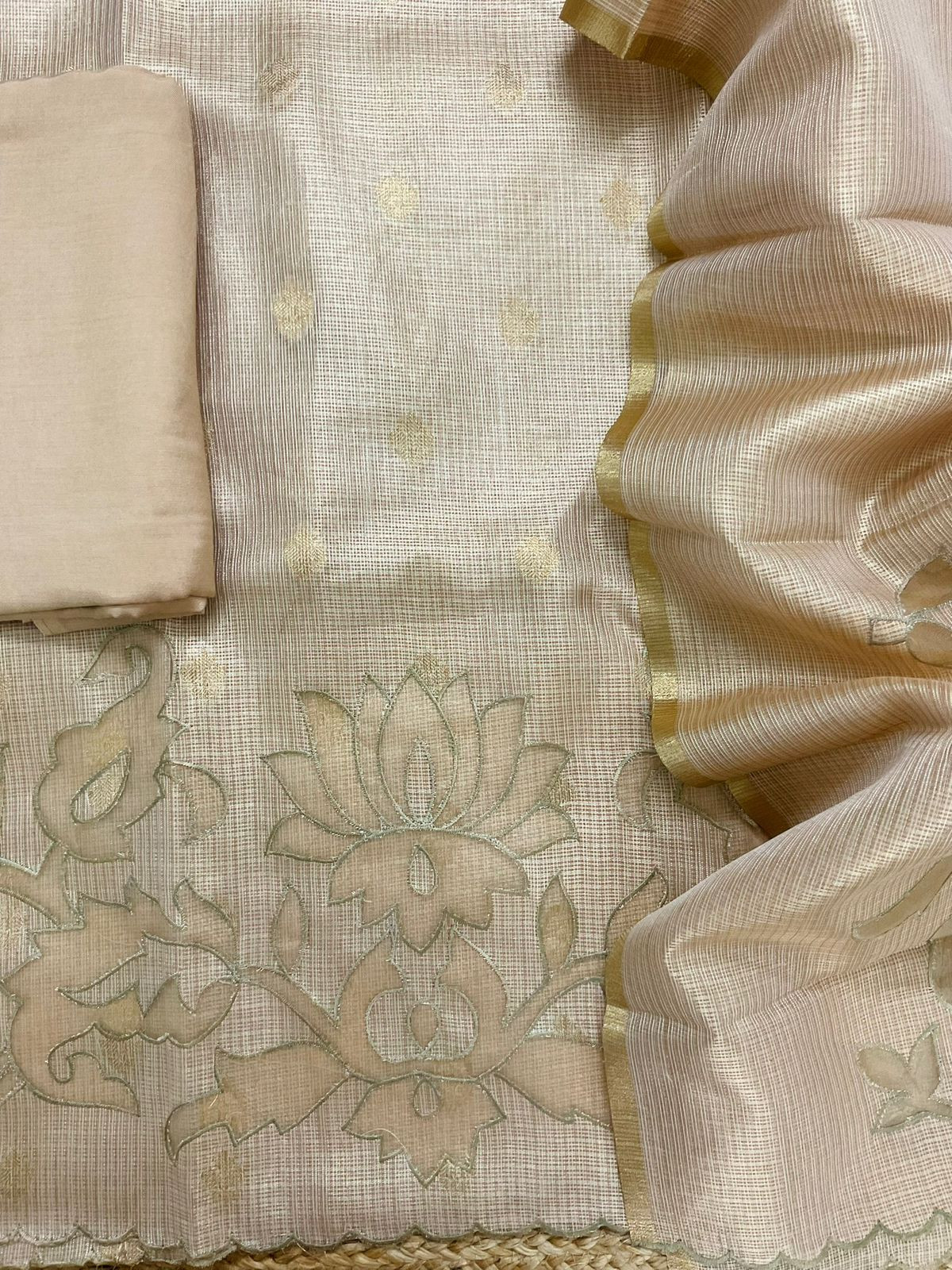Soft Tissue Kota Silk Embroidered Suit - Beige