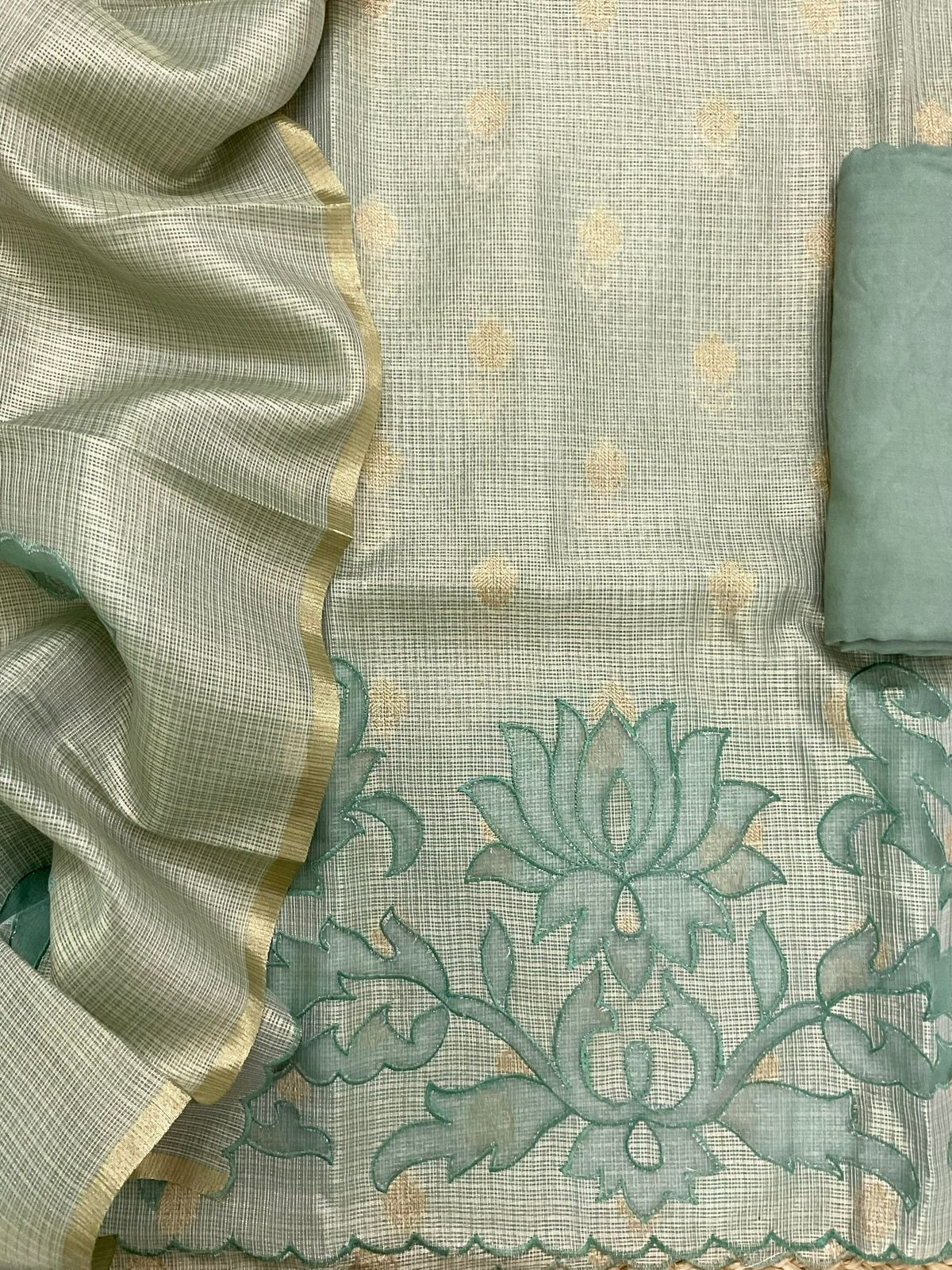 Soft Tissue Kota Silk Embroidered Suit - Green