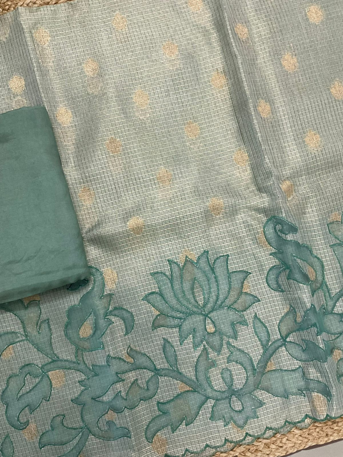 Soft Tissue Kota Silk Embroidered Suit - Green