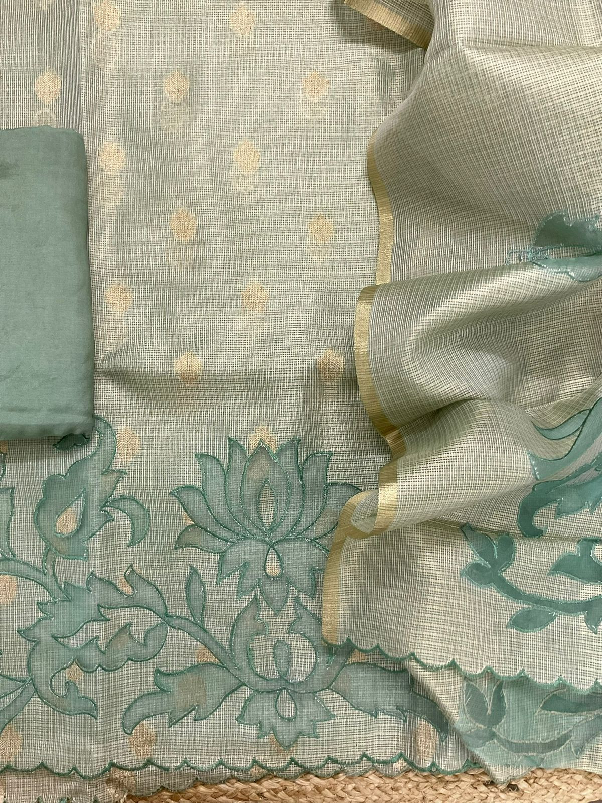 Soft Tissue Kota Silk Embroidered Suit - Green