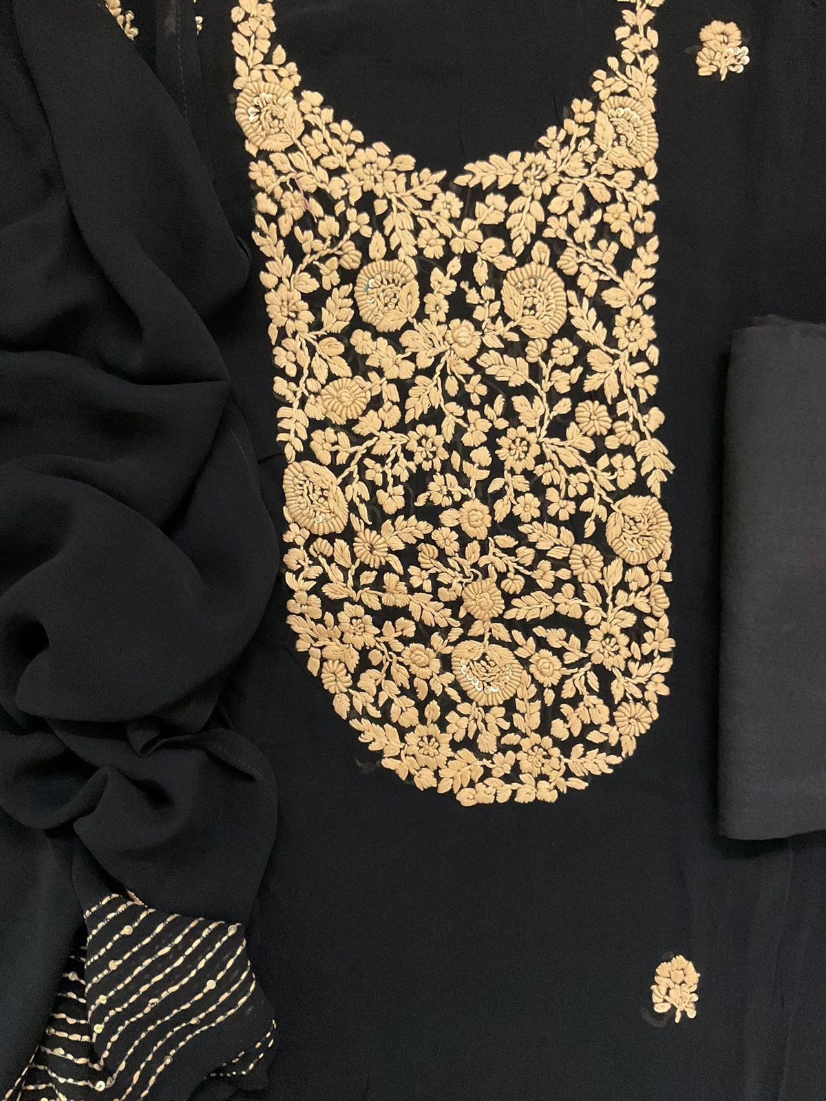 Pure Georgette Embroidered Suit - Black