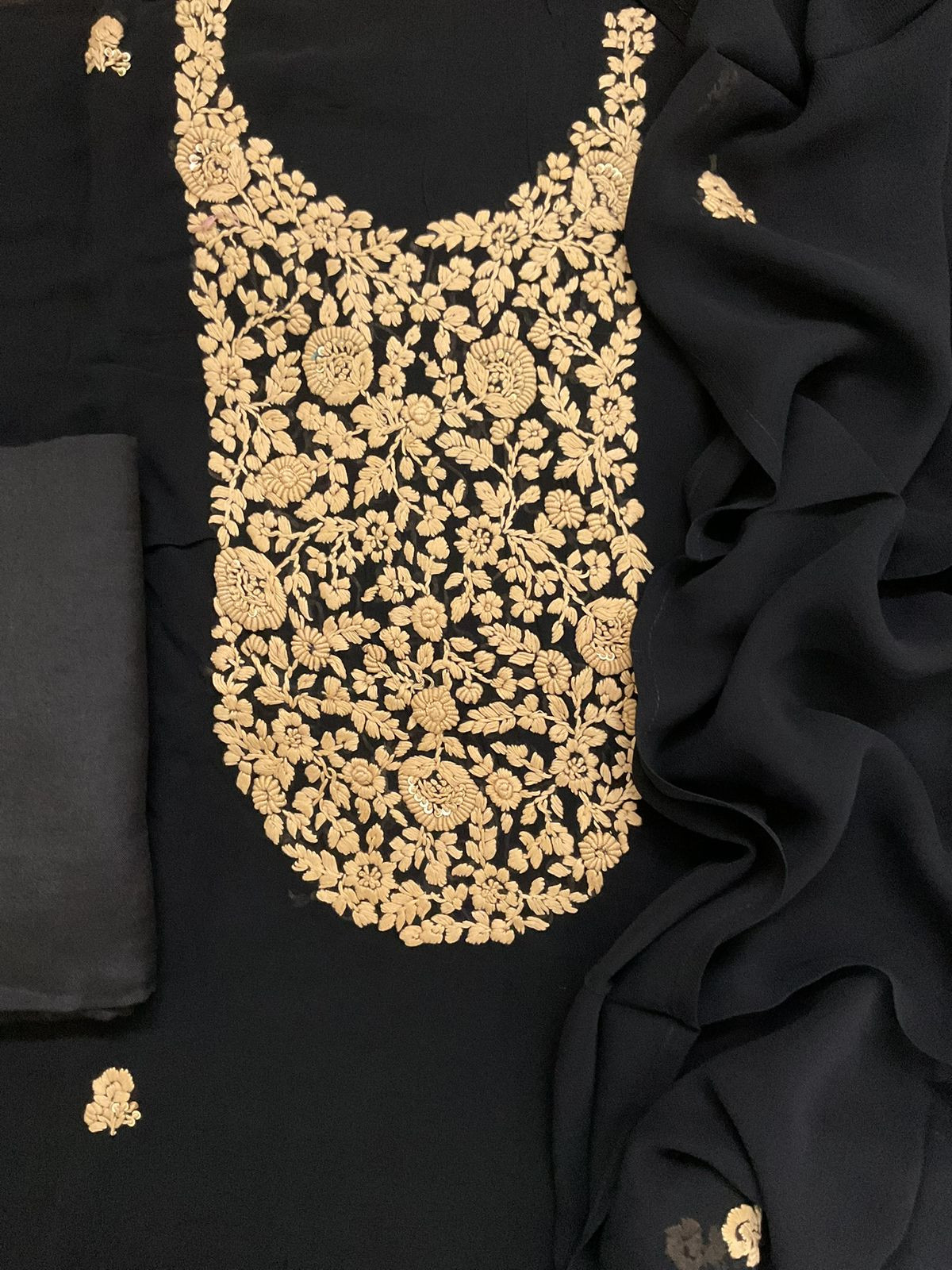 Pure Georgette Embroidered Suit - Black