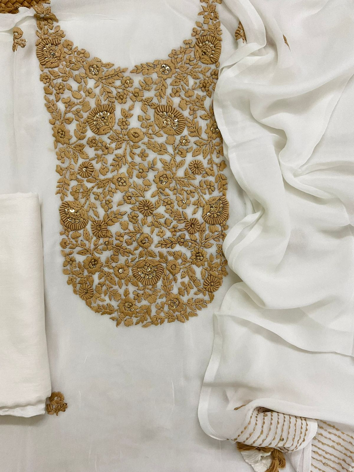 Pure Georgette Embroidered Suit - White