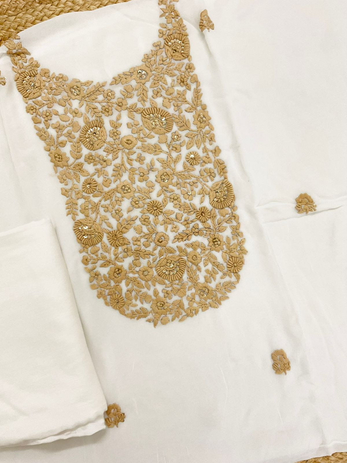 Pure Georgette Embroidered Suit - White