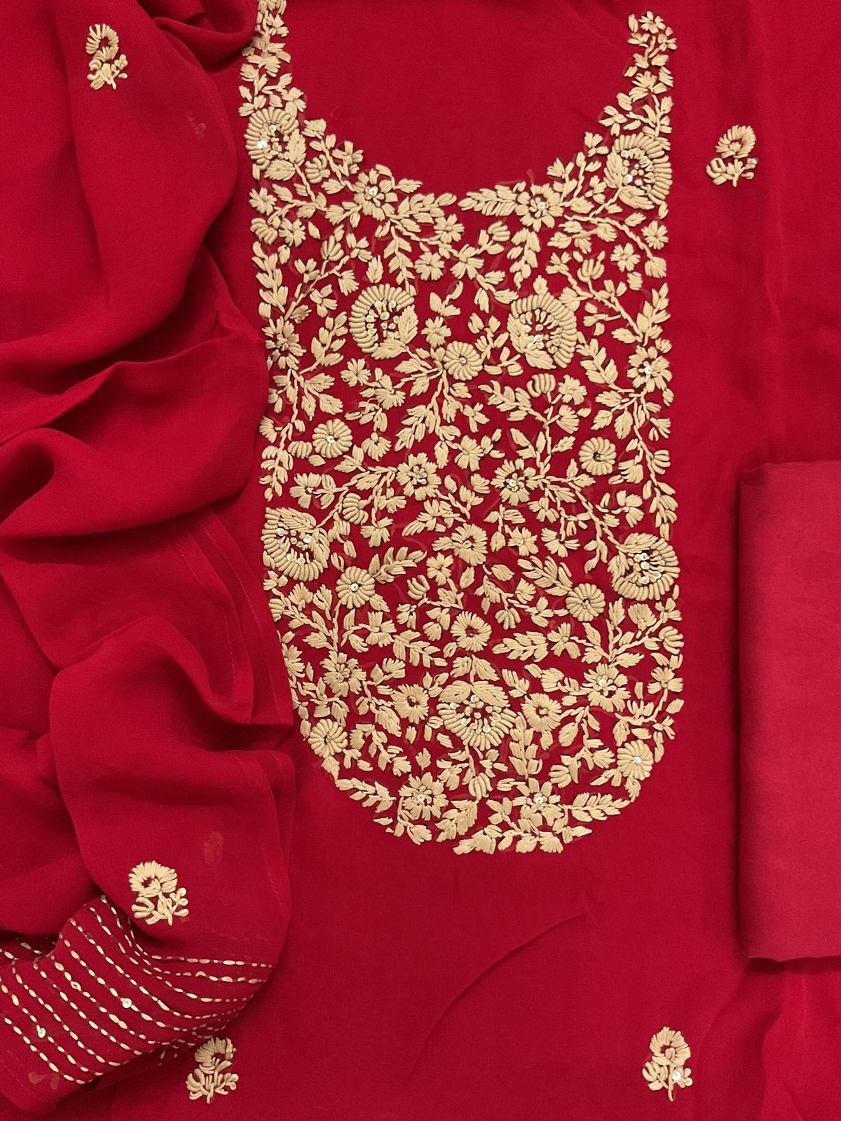Pure Georgette Embroidered Suit - Red