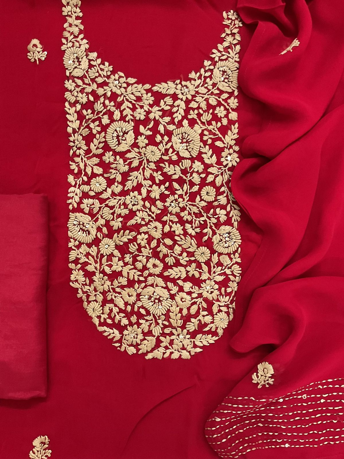 Pure Georgette Embroidered Suit - Red