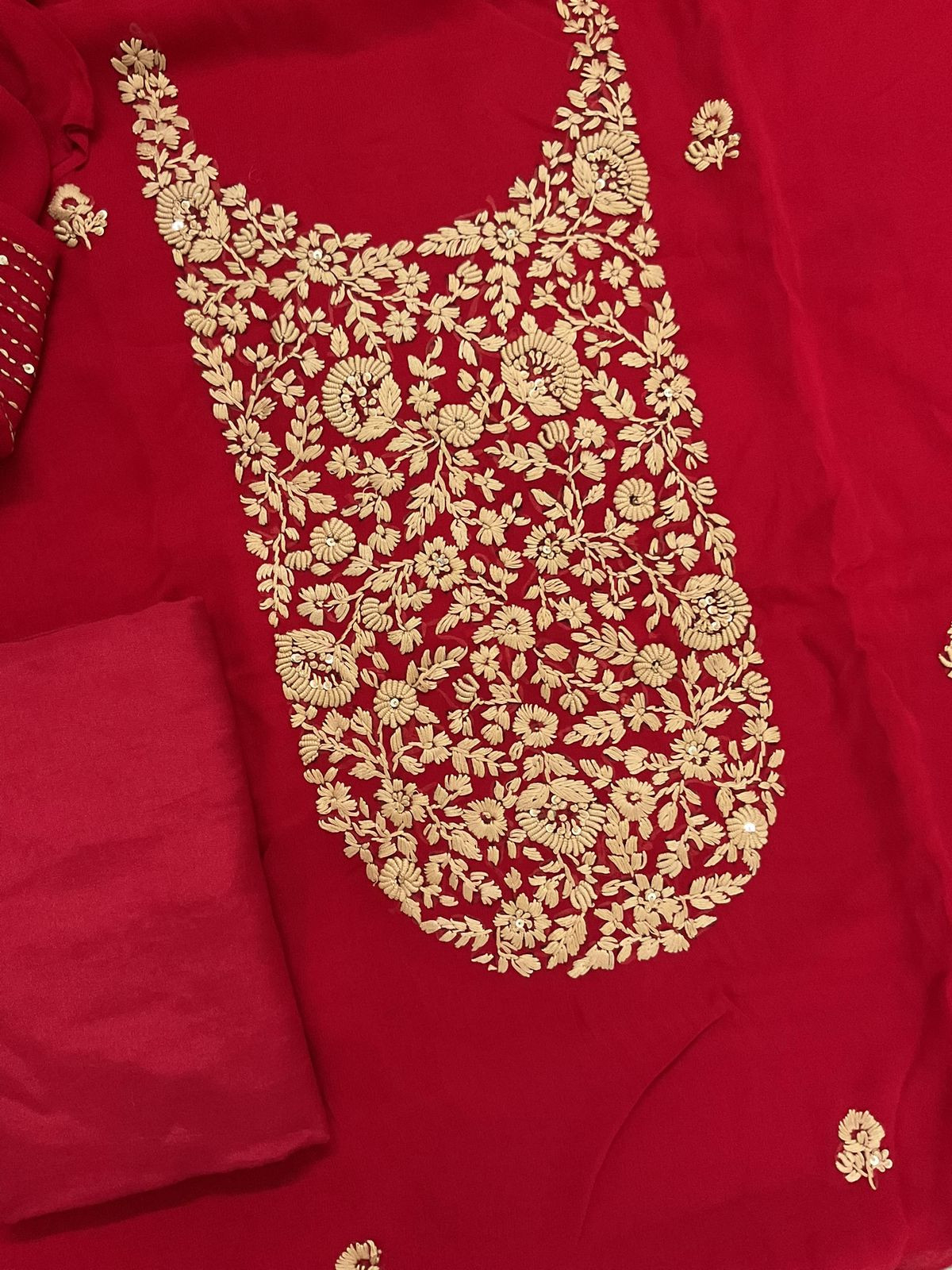Pure Georgette Embroidered Suit - Red