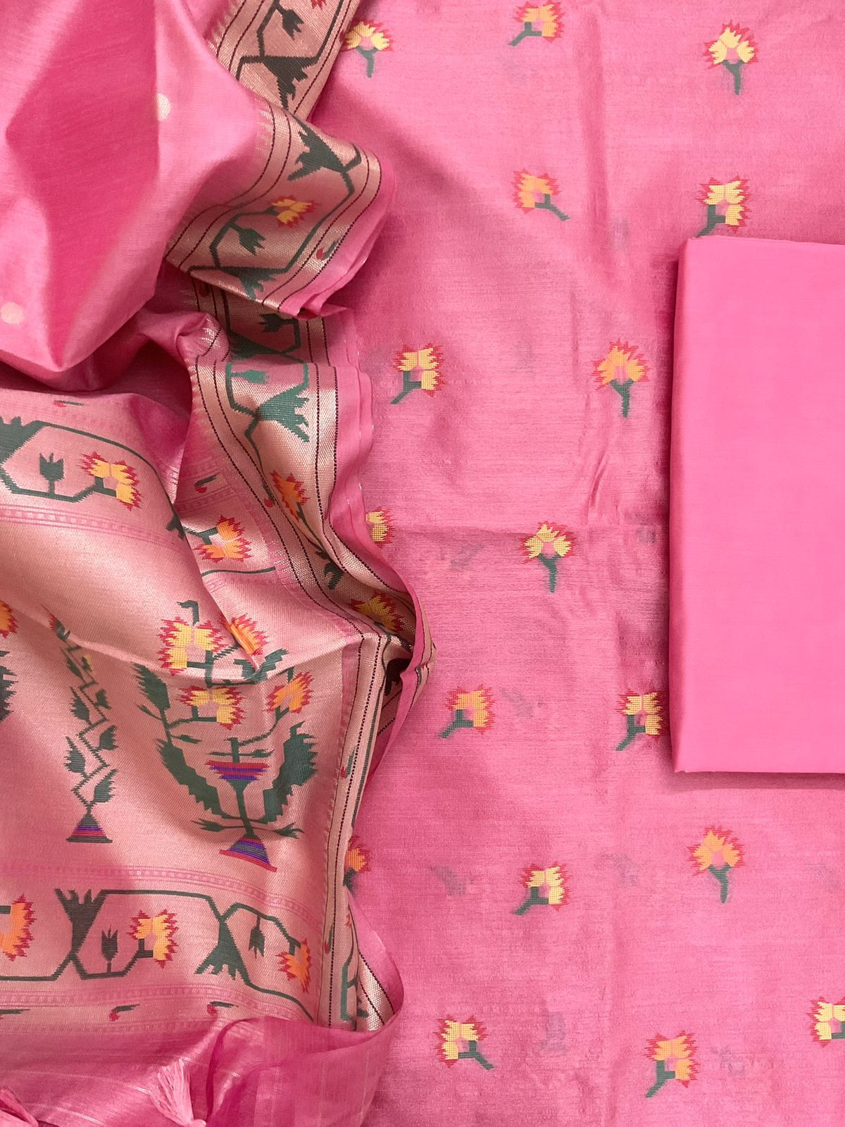 Soft Silk Self Weaved Paithani Suit - Pink