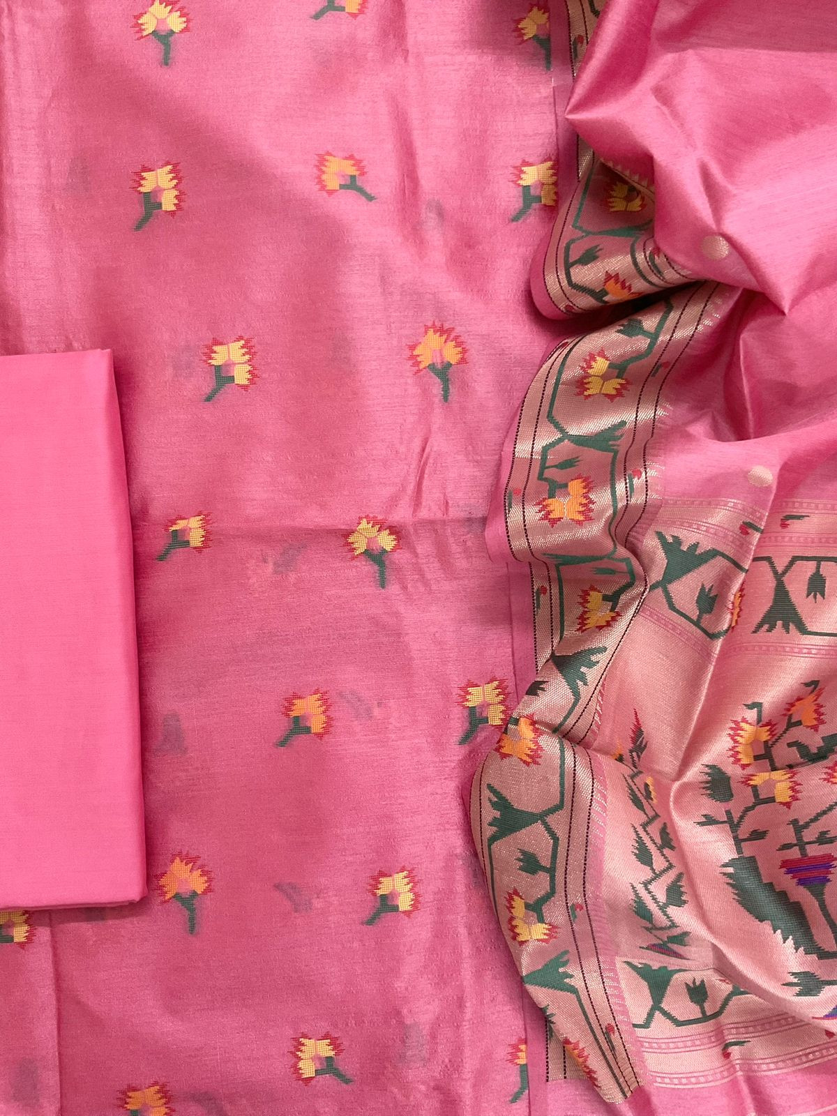Soft Silk Self Weaved Paithani Suit - Pink
