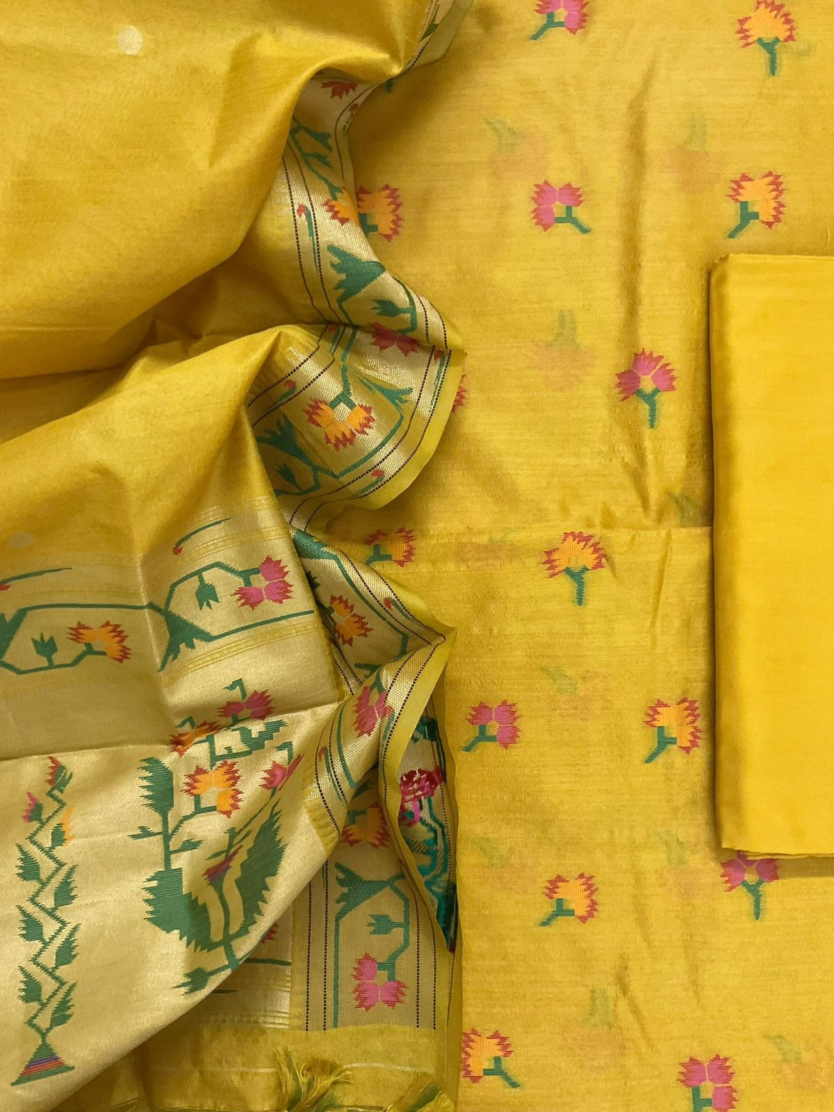 Soft Silk Self Weaved Paithani Suit - Yellow