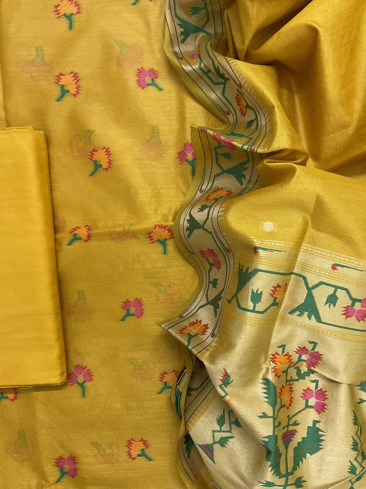 Soft Silk Self Weaved Paithani Suit - Yellow