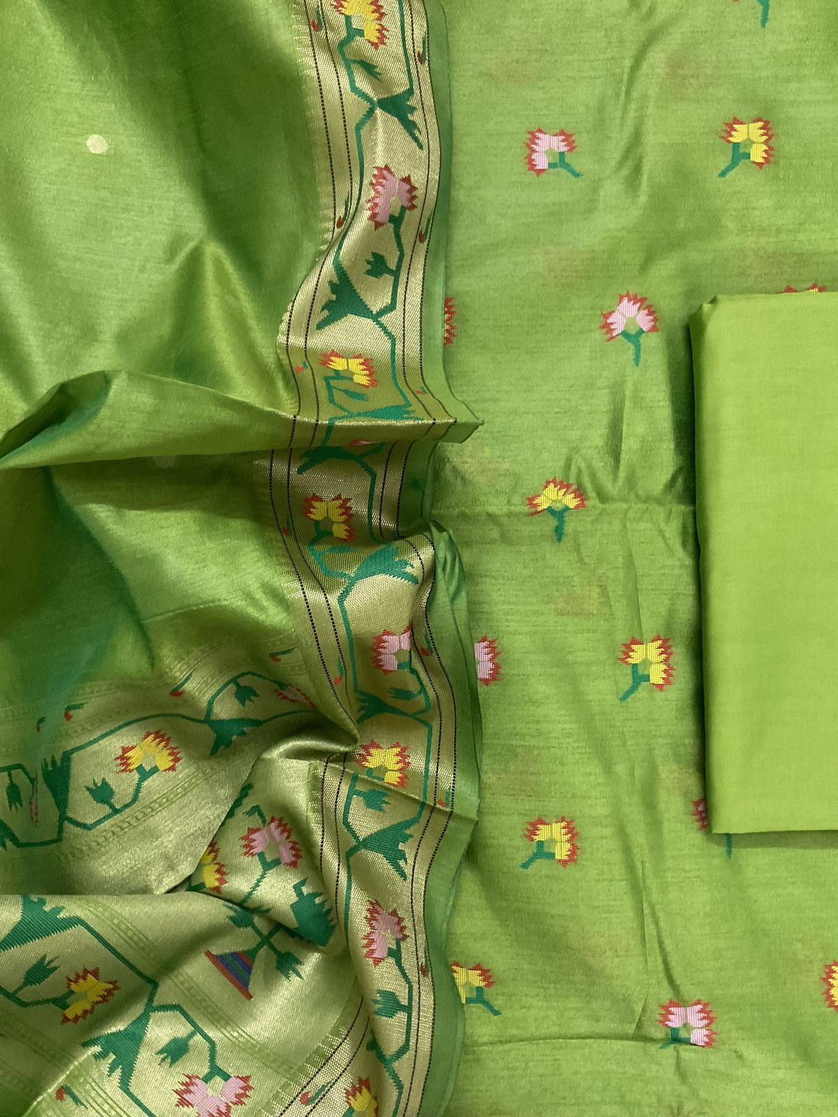Soft Silk Self Weaved Paithani Suit - Green