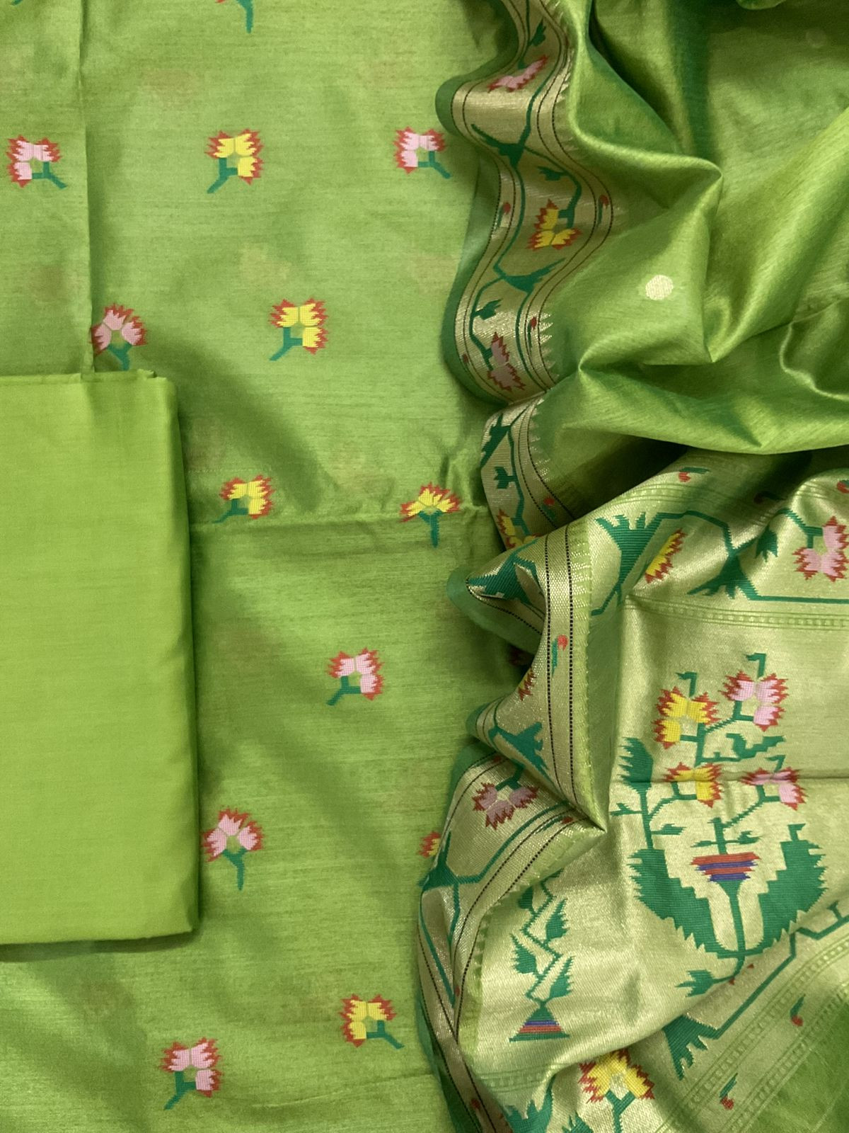Soft Silk Self Weaved Paithani Suit - Green