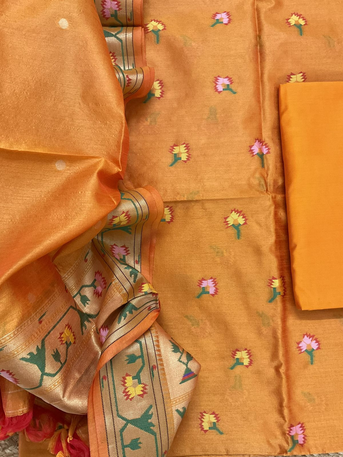 Soft Silk Self Weaved Paithani Suit - Orange