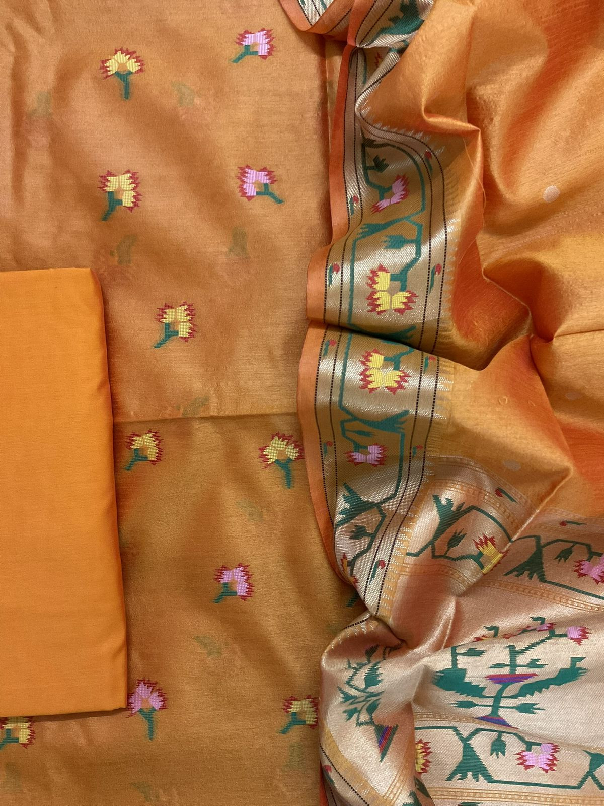 Soft Silk Self Weaved Paithani Suit - Orange