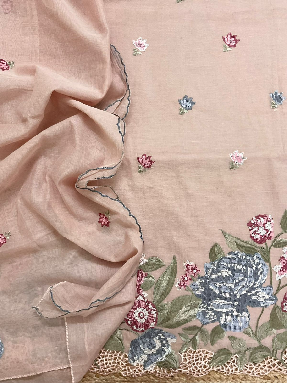 Pure Chanderi Embroidered Suit - Peach