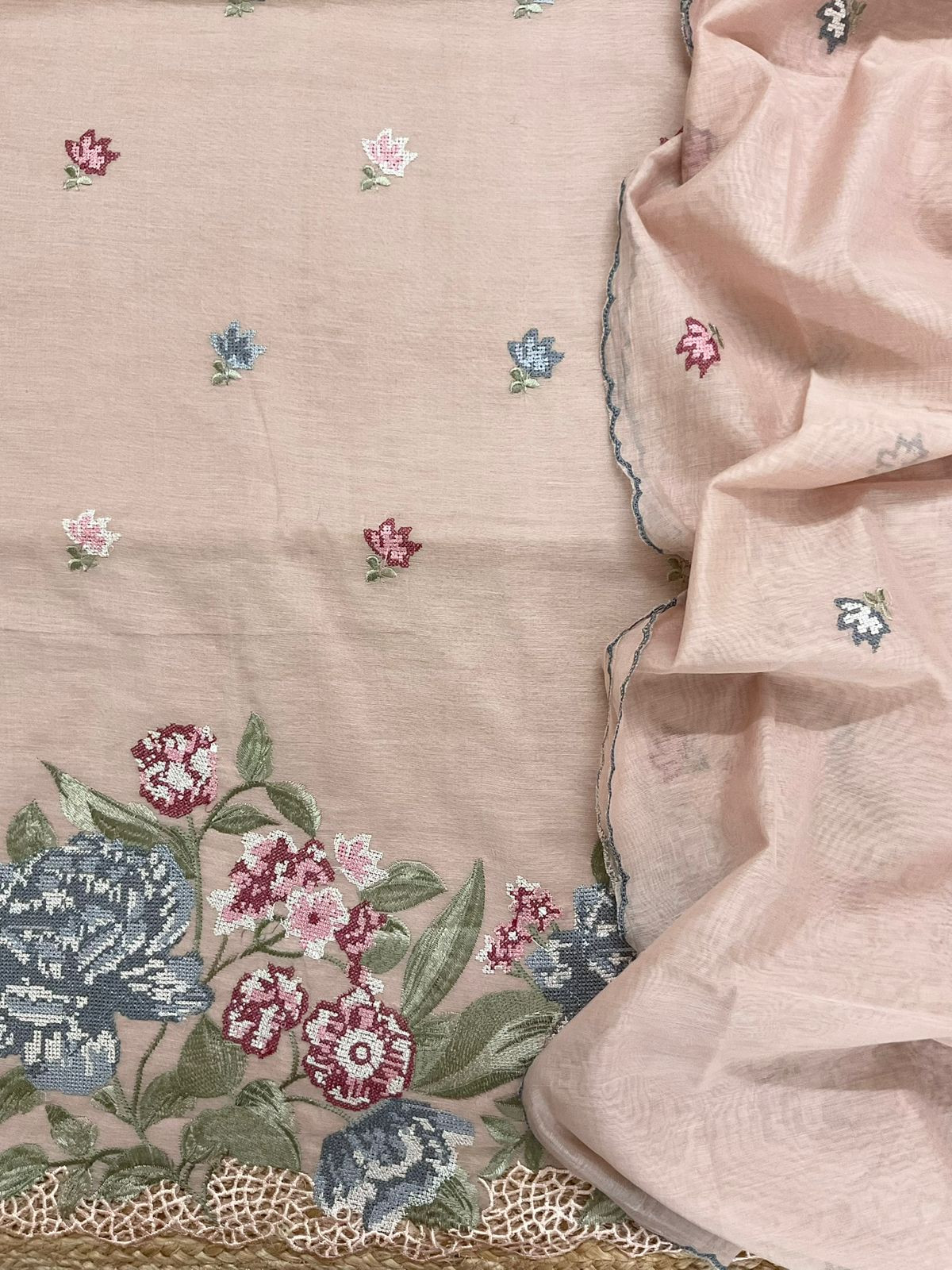 Pure Chanderi Embroidered Suit - Peach