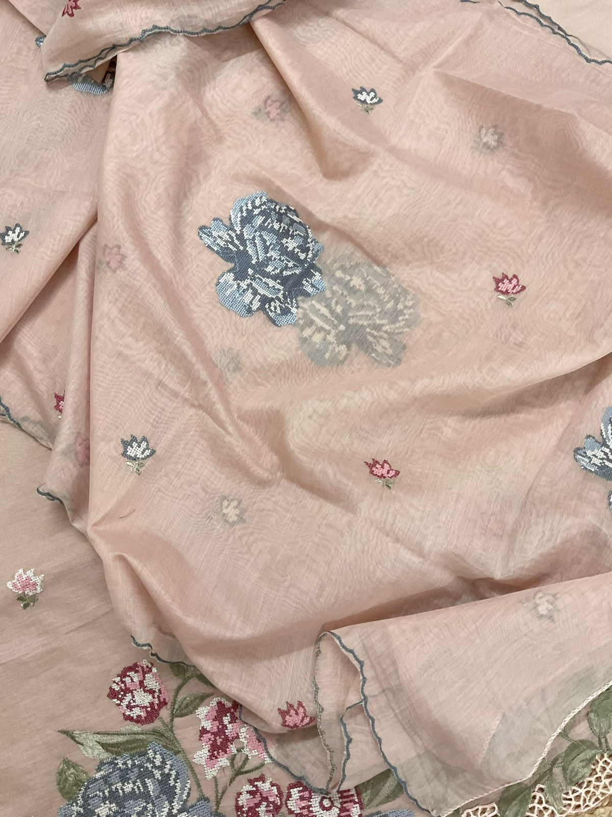 Pure Chanderi Embroidered Suit - Peach