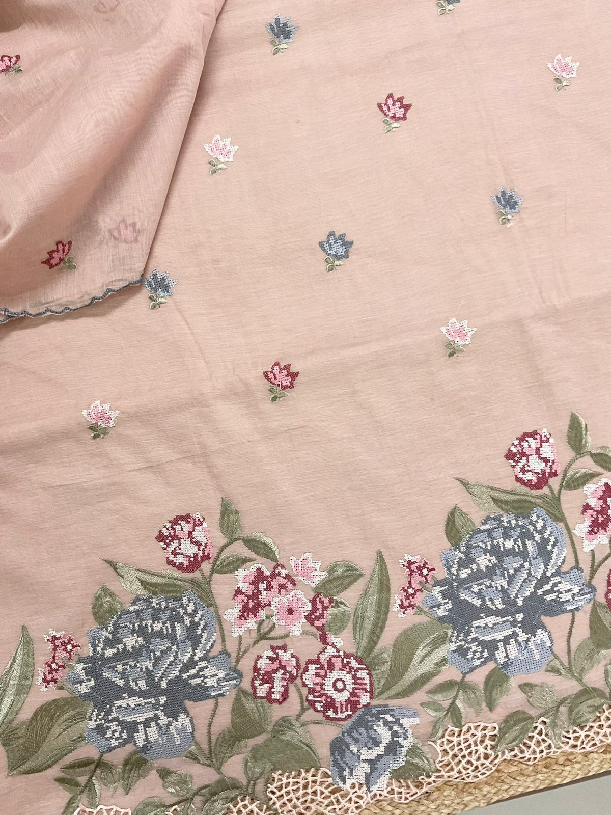 Pure Chanderi Embroidered Suit - Peach