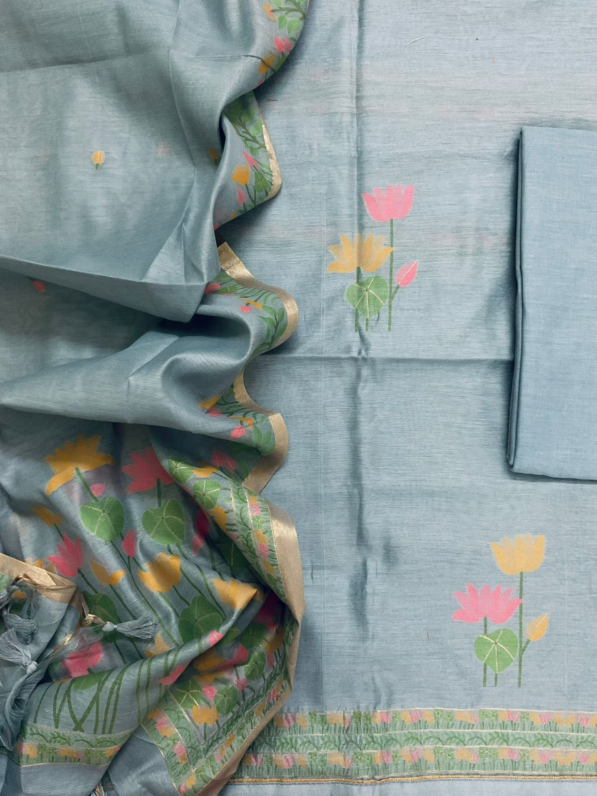 Soft Chanderi Jamdani Weaved Suit - Grey