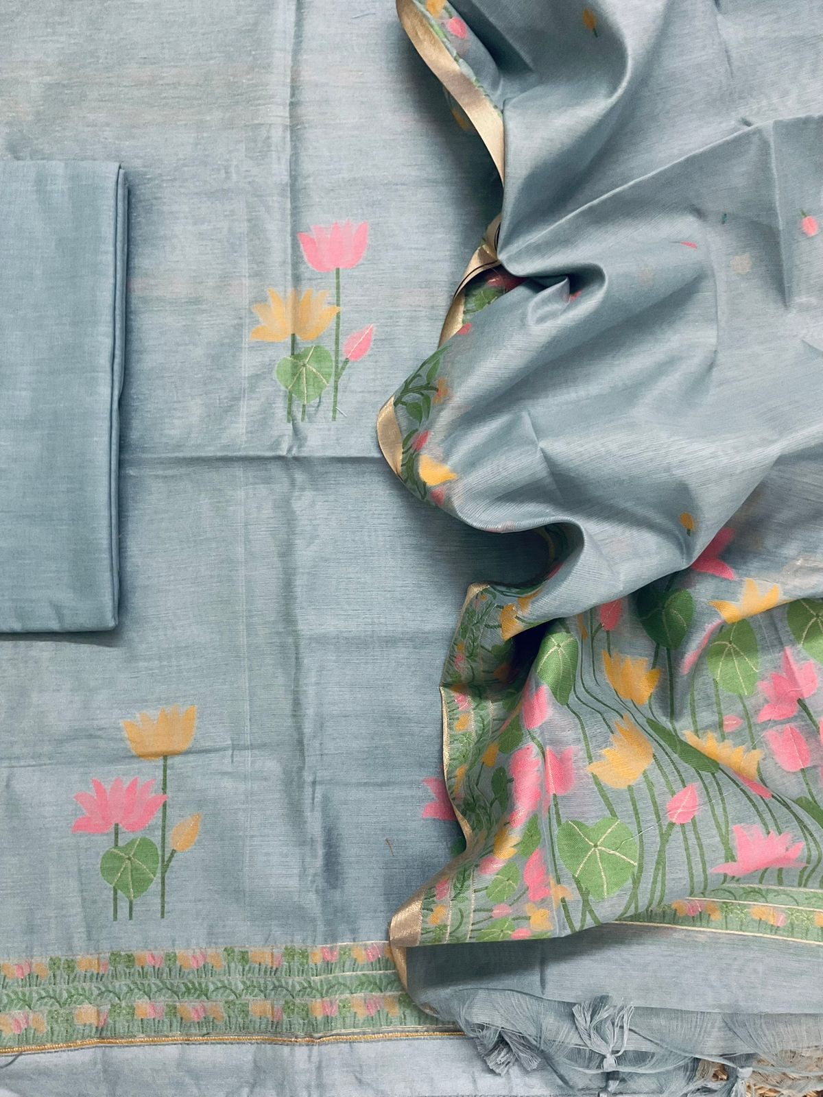 Soft Chanderi Jamdani Weaved Suit - Grey