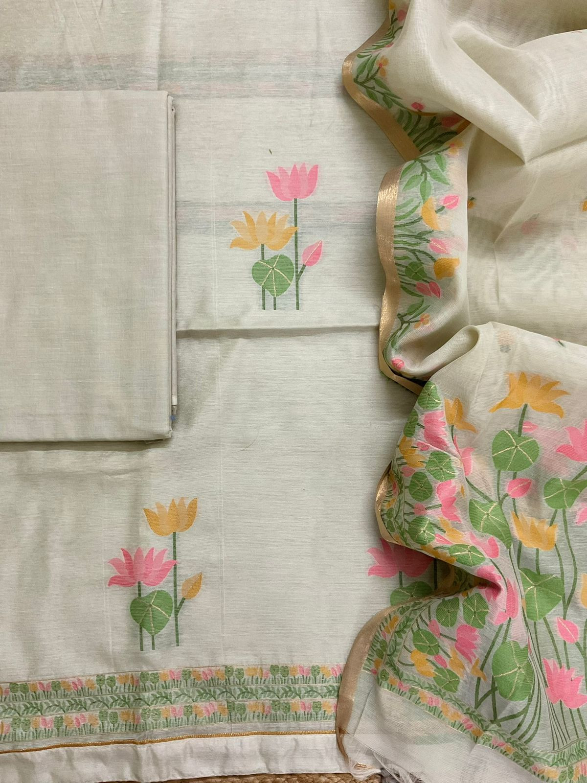 Soft Chanderi Jamdani Weaved Suit - Beige