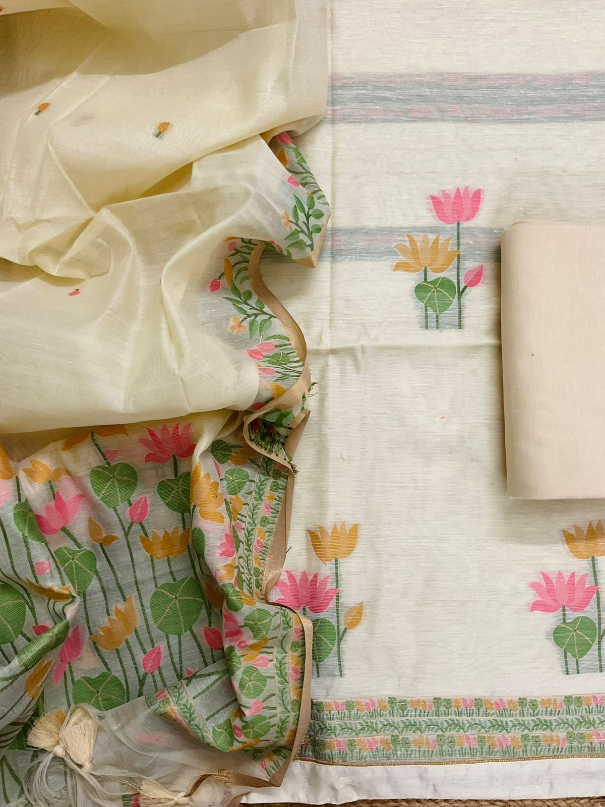 Soft Chanderi Jamdani Weaved Suit - Cream