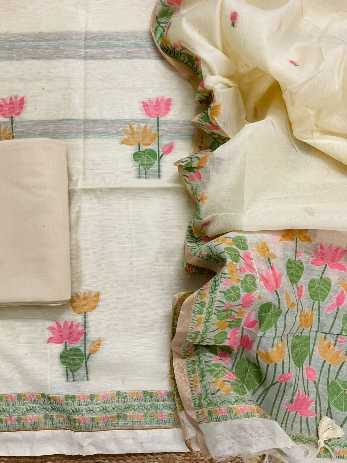 Soft Chanderi Jamdani Weaved Suit - Cream