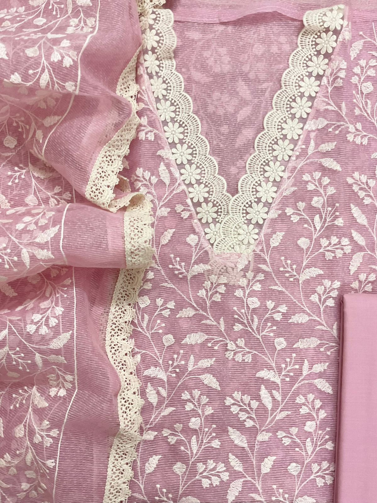 Soft Jute Kota Silk Embroidered Suit - Pink