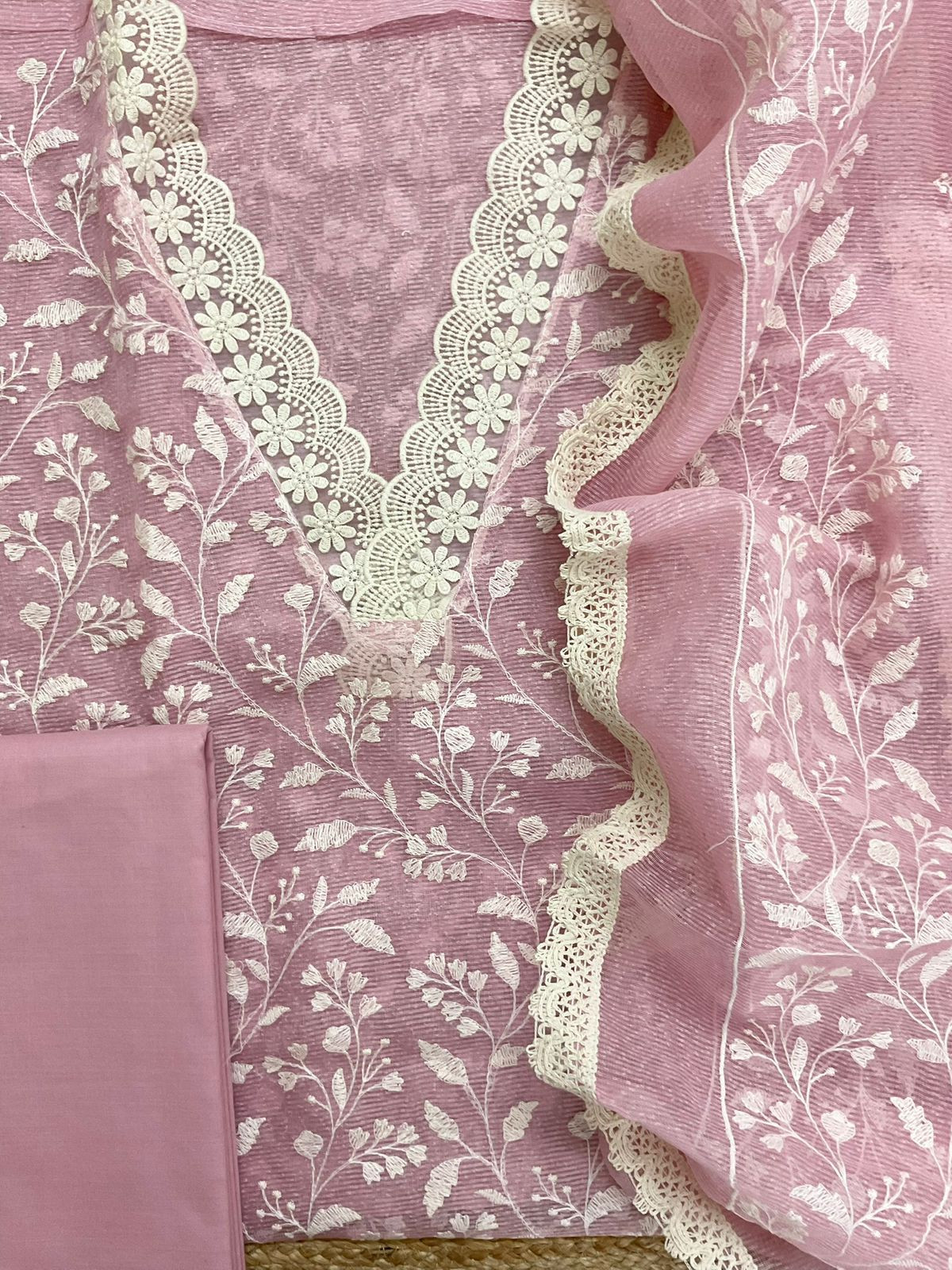 Soft Jute Kota Silk Embroidered Suit - Pink