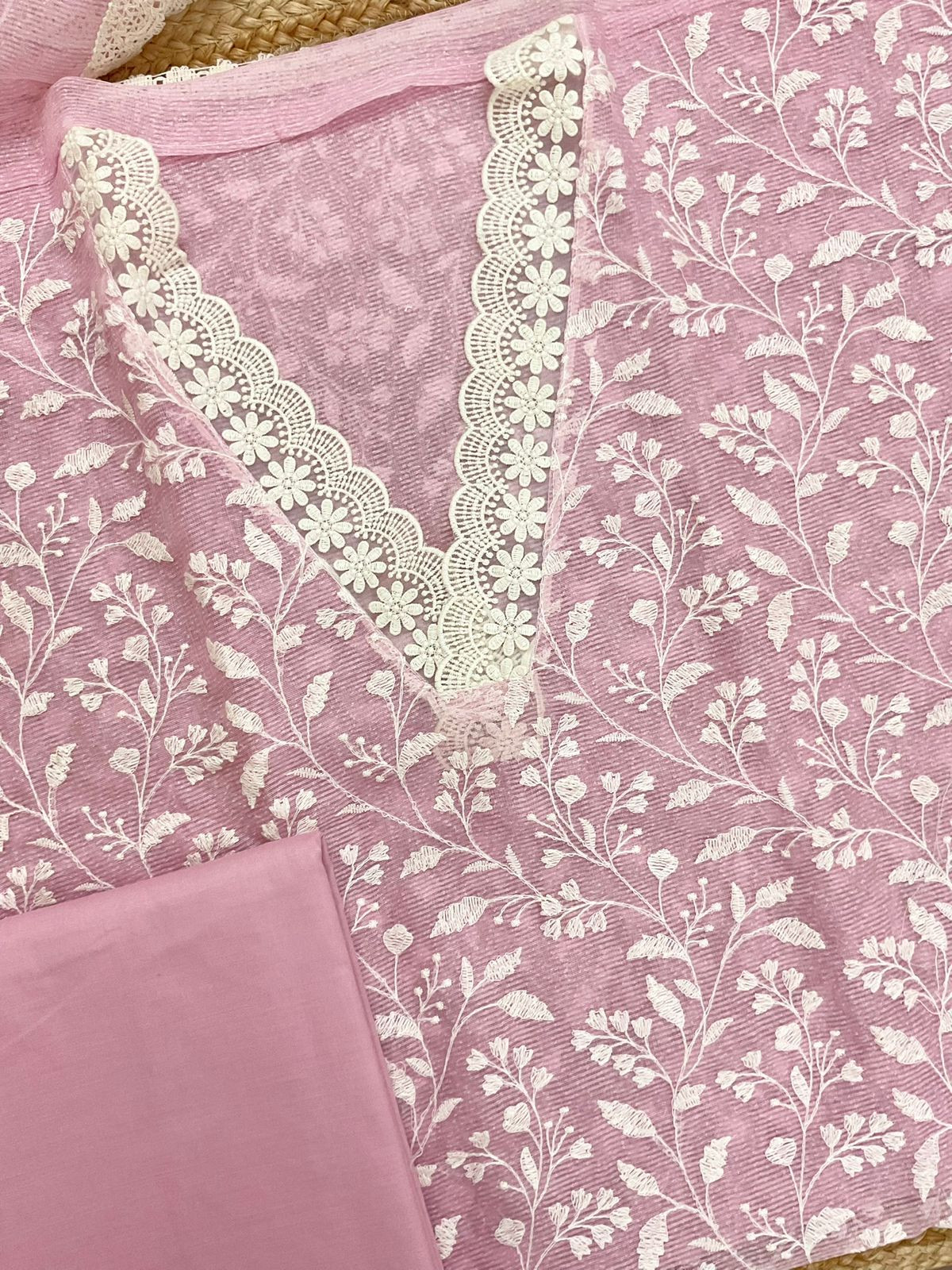 Soft Jute Kota Silk Embroidered Suit - Pink