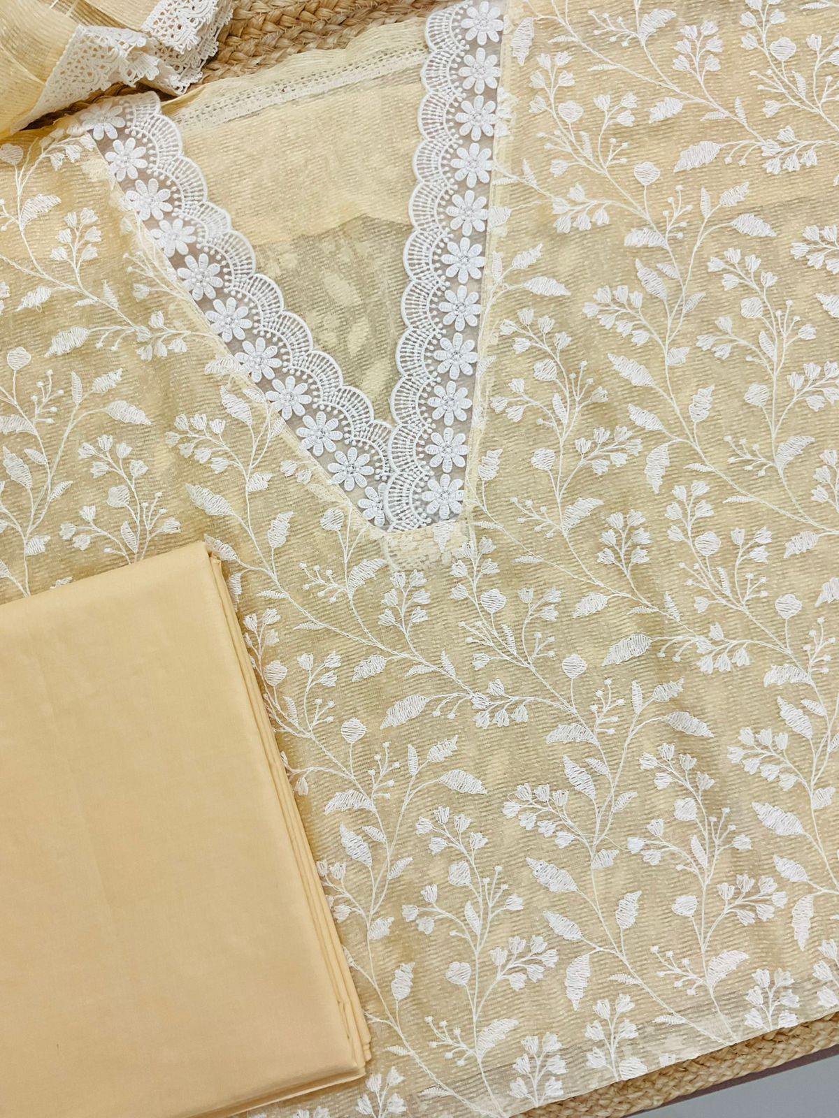 Soft Jute Kota Silk Embroidered Suit - yellow