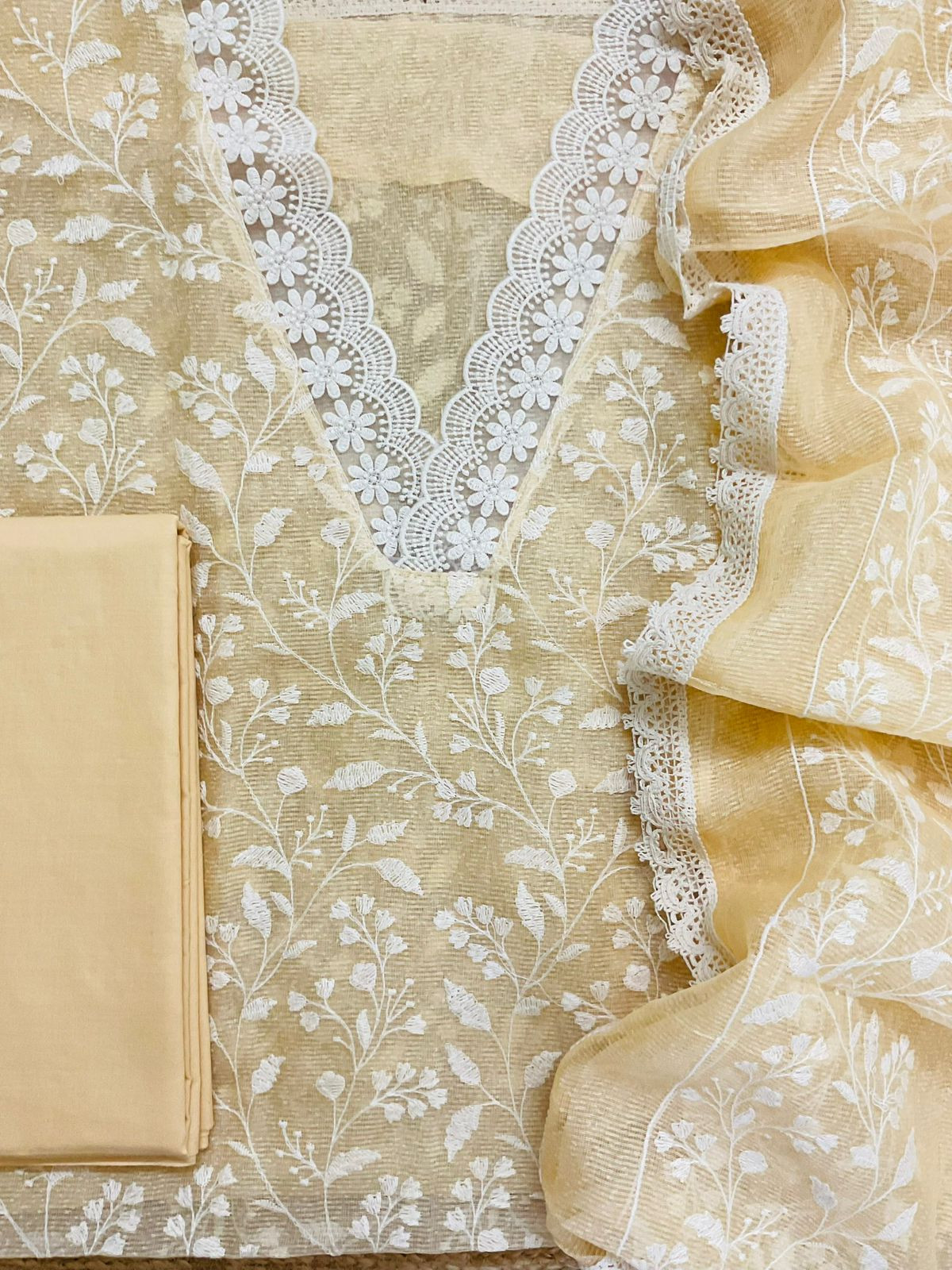 Soft Jute Kota Silk Embroidered Suit - yellow