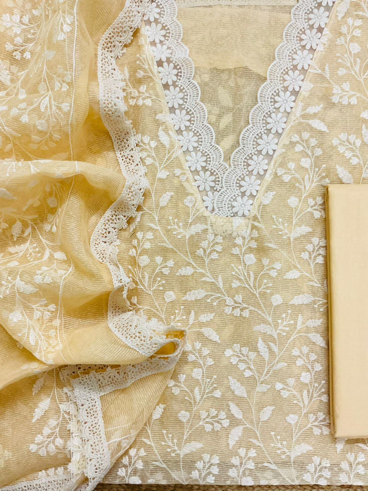 Soft Jute Kota Silk Embroidered Suit - yellow