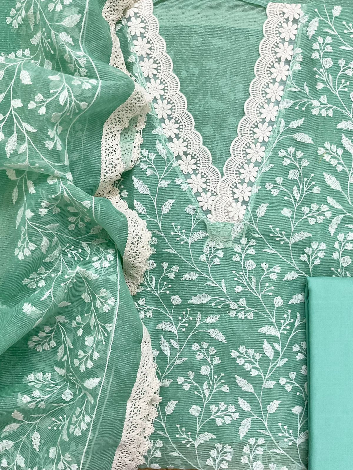 Soft Jute Kota Silk Embroidered Suit - Green