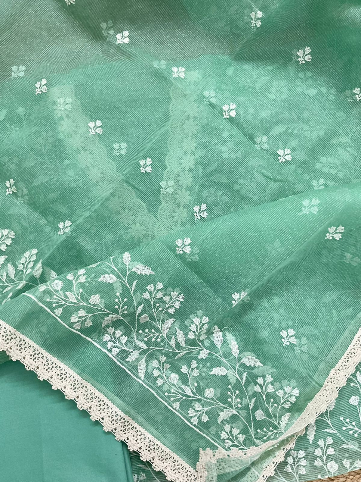 Soft Jute Kota Silk Embroidered Suit - Green