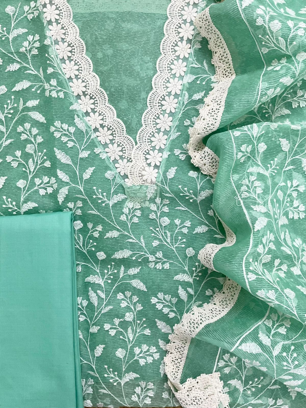 Soft Jute Kota Silk Embroidered Suit - Green