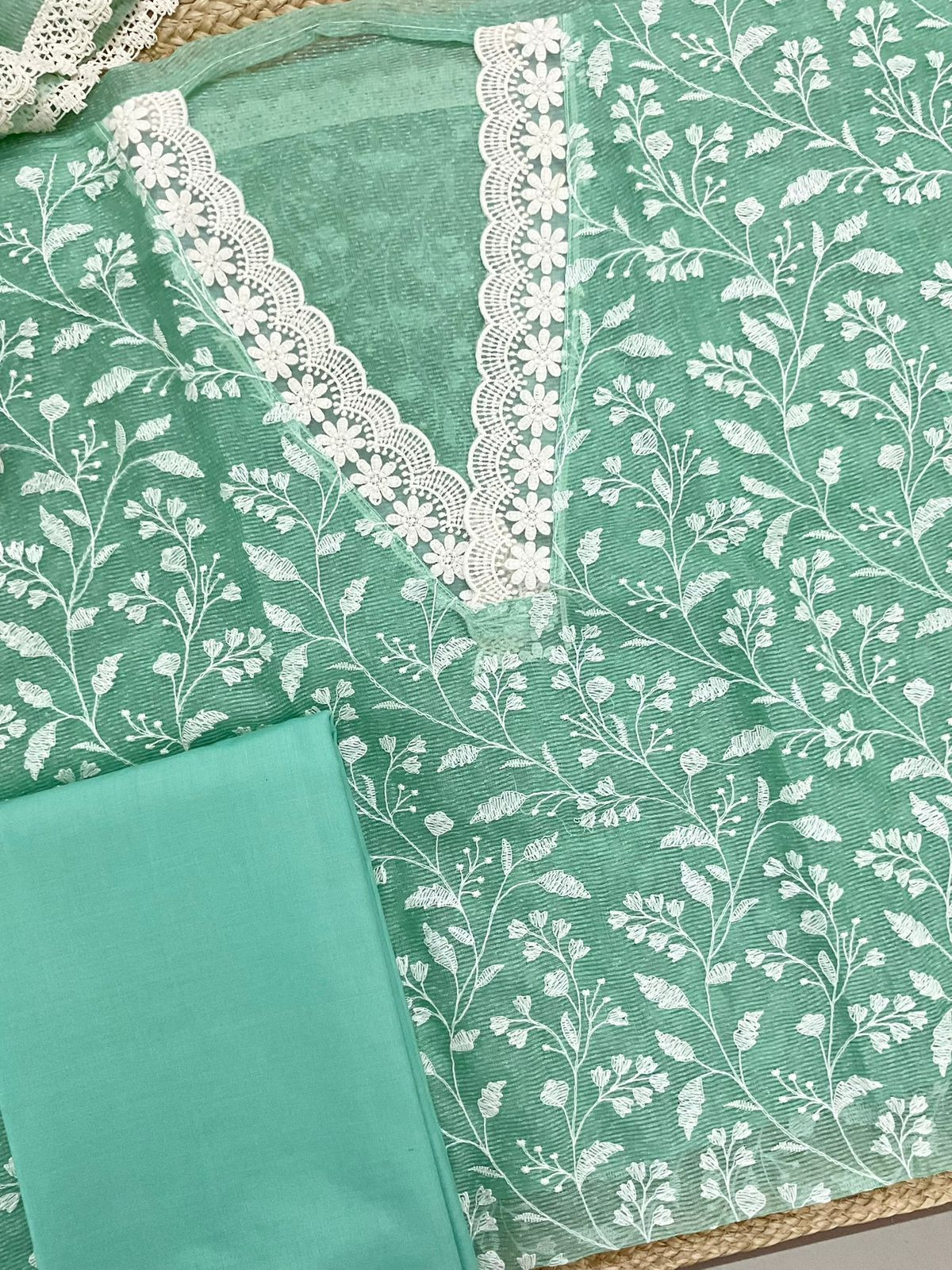 Soft Jute Kota Silk Embroidered Suit - Green