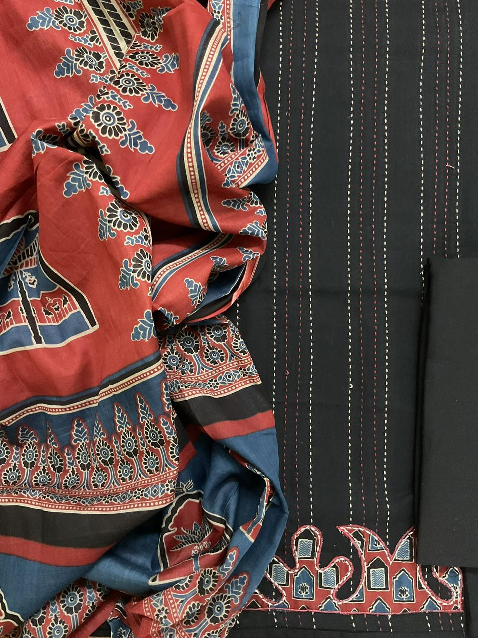 Pure Cotton Printed Embroidered Suit - Black