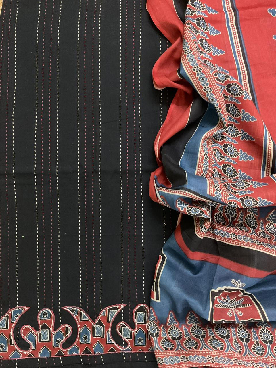 Pure Cotton Printed Embroidered Suit - Black