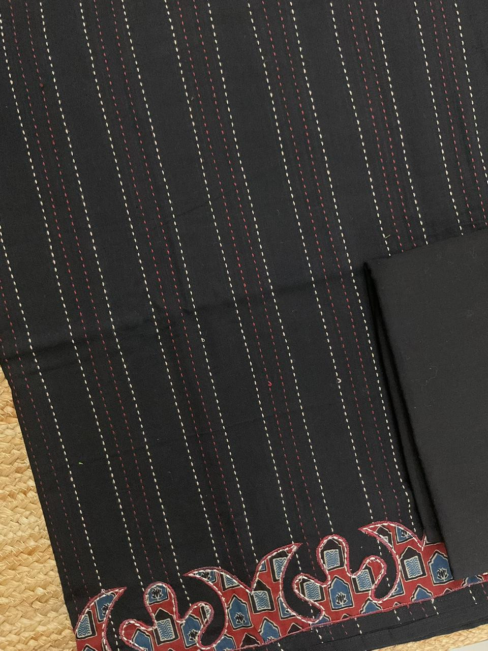 Pure Cotton Printed Embroidered Suit - Black