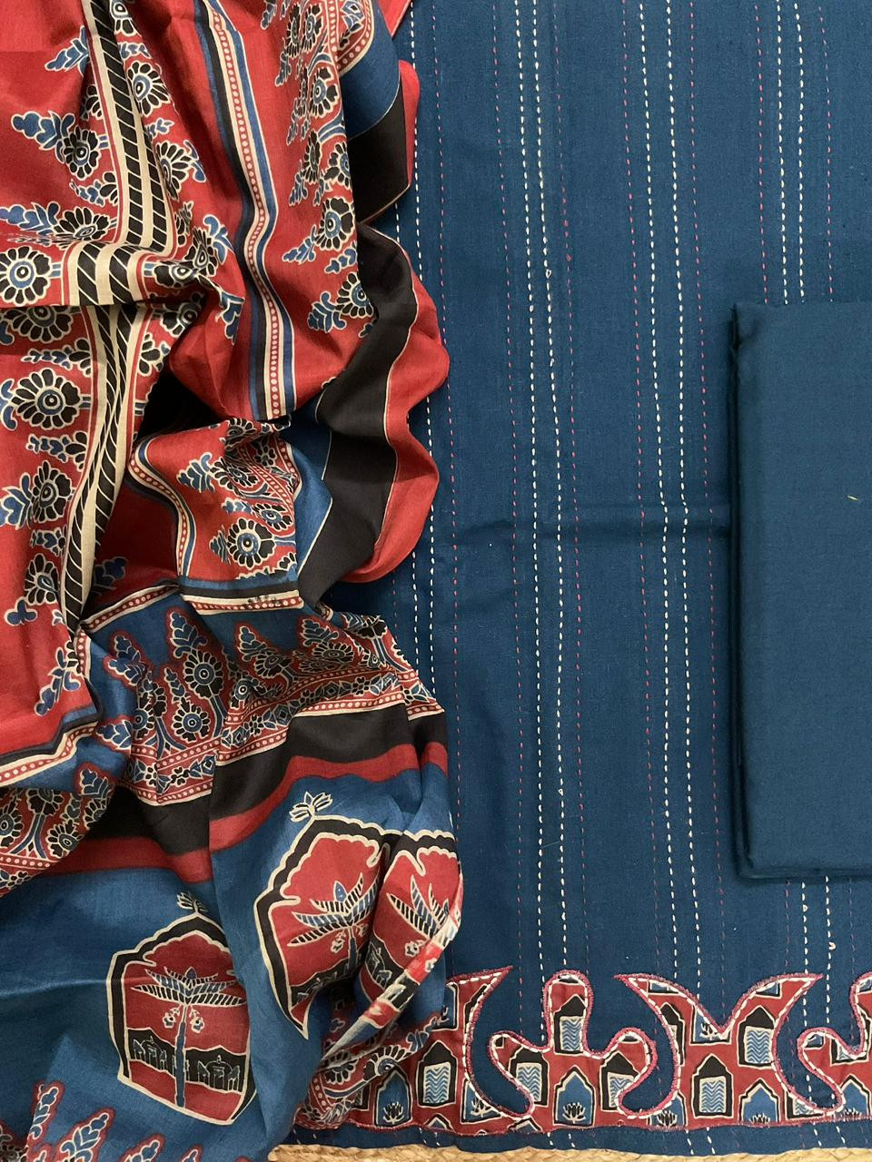 Pure Cotton Printed Embroidered Suit - Blue