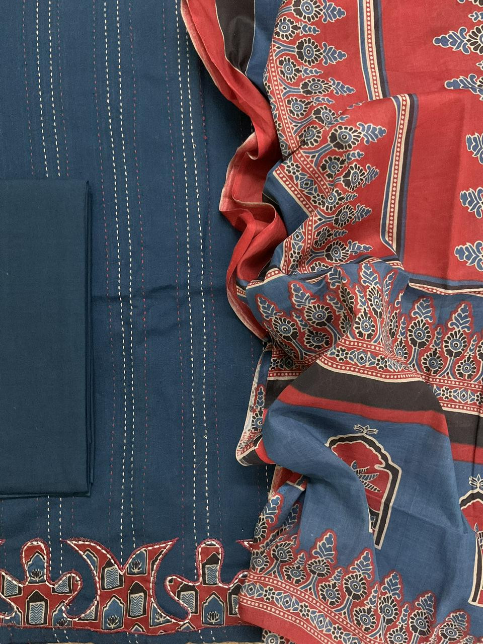 Pure Cotton Printed Embroidered Suit - Blue