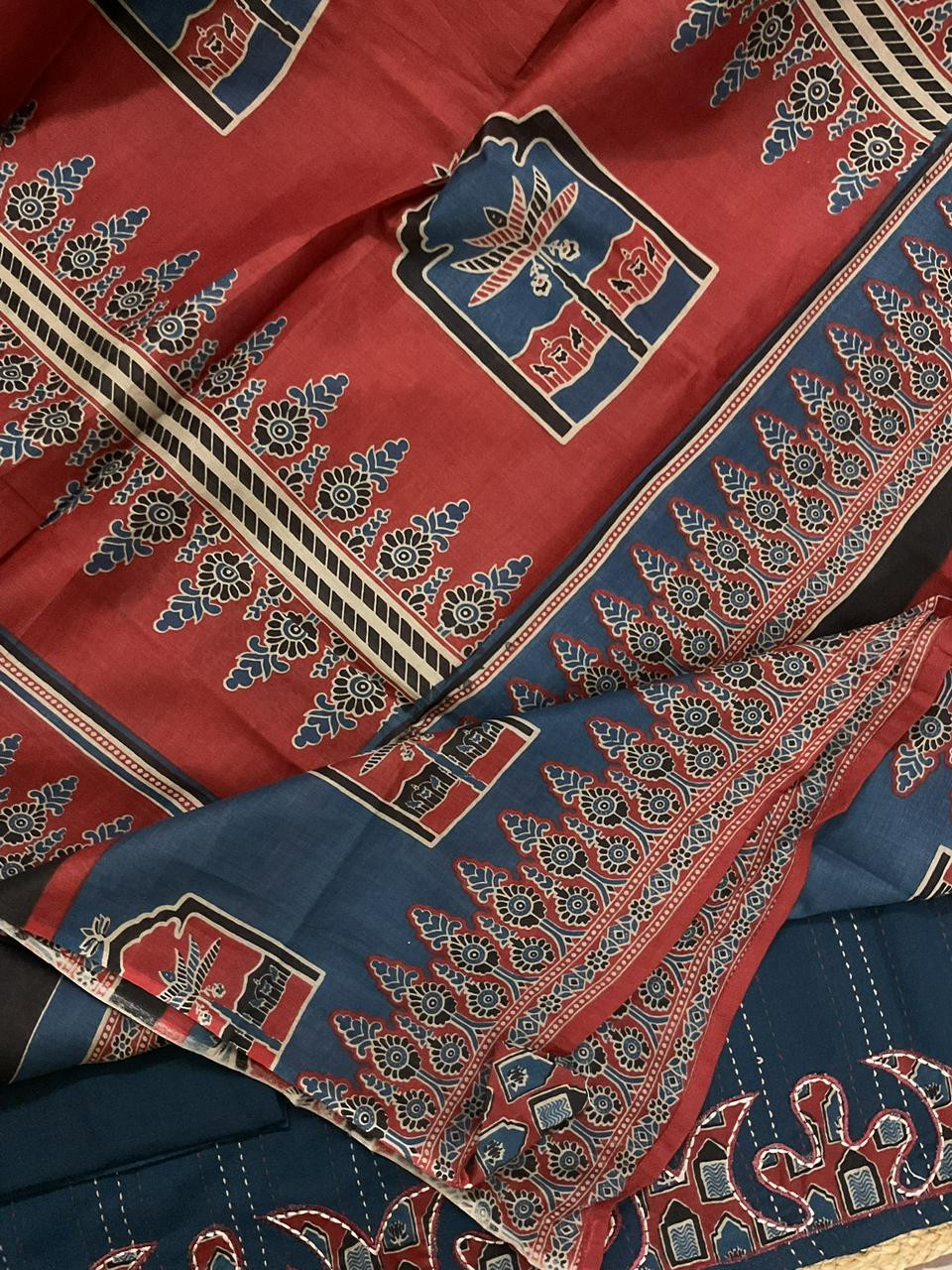 Pure Cotton Printed Embroidered Suit - Blue