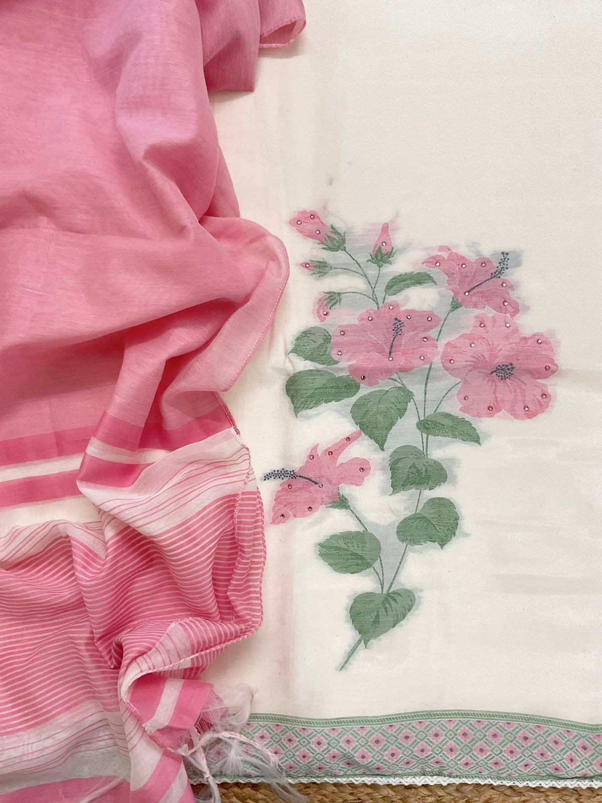 Soft Shimmer Silk Jamdani Weaved Embroidered Suit - Off White